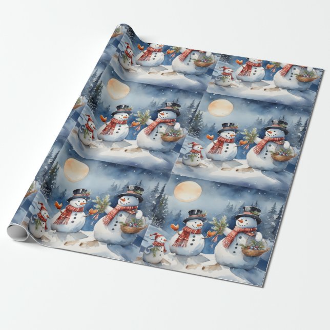 Winter’s Evening Snowman Family. Holiday Snowmen. Wrapping Paper (Unrolled)