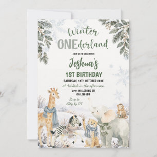 Winter Safari Animal Onderland First Birthday Invitation