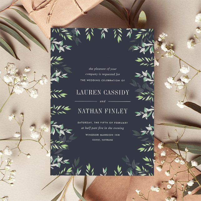 Winter Sage | Navy & Green Botanical Wedding Invitation (Creator Uploaded)