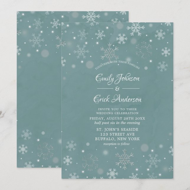 Winter Sage Watercolor White Snowflakes Wedding Invitation (Front/Back)