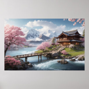 Winter Sakura with Mountain View Poster