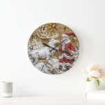 Winter Santa and reindeer celebration Large Clock<br><div class="desc">A jolly figure in a bright red suit interacts with a majestic reindeer in a snowy winter landscape. Surrounding them are delicate trees adorned with frost,  while festive decorations add sparkle to the atmosphere. This charming depiction evokes the magic and warmth of the Christmas season.</div>