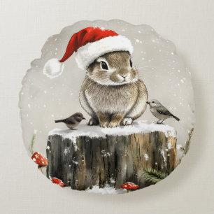 Winter Santa Bunny Wonderland Round Cushion