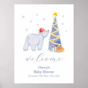 Winter Santa Polar Bear Baby Shower Welcome Poster