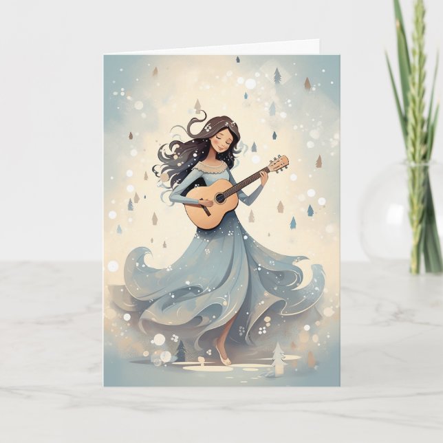 Winter Scandi Boho Guitar Girl Christmas Music Holiday Card (Front)