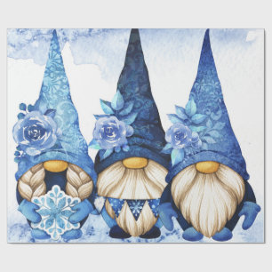 Winter Scandinavian Gnomes with Blue Peony Wrapping Paper