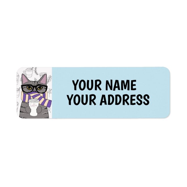 WINTER SCARF COFFEE CAT RETURN ADDRESS LABELS (Front)