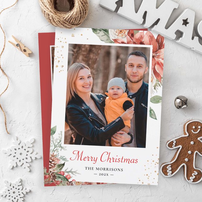 Winter Scarlet Red Floral Merry Christmas 2 Photo Holiday Card (Creator Uploaded)