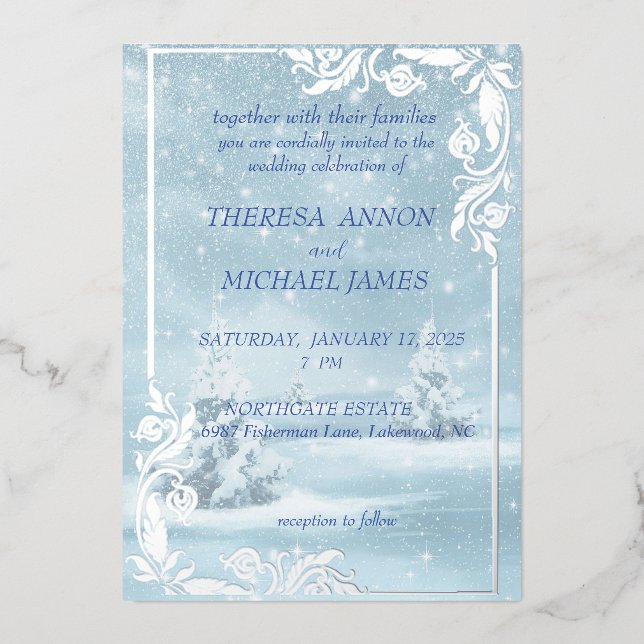 Winter Scene All In Blue With Snow and Pine Trees (Front)