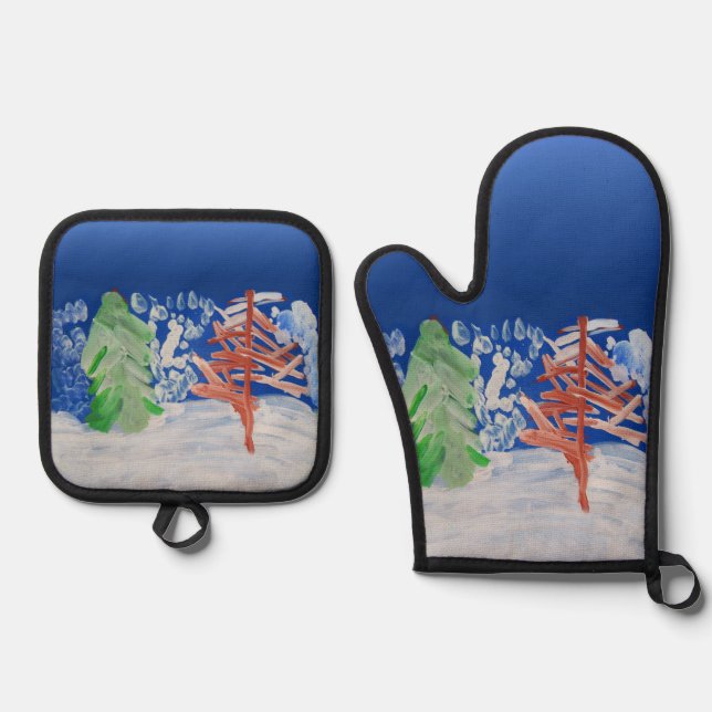 Winter Scene "Art by Kids" Oven Mitt & Pot Holder Set (Front)