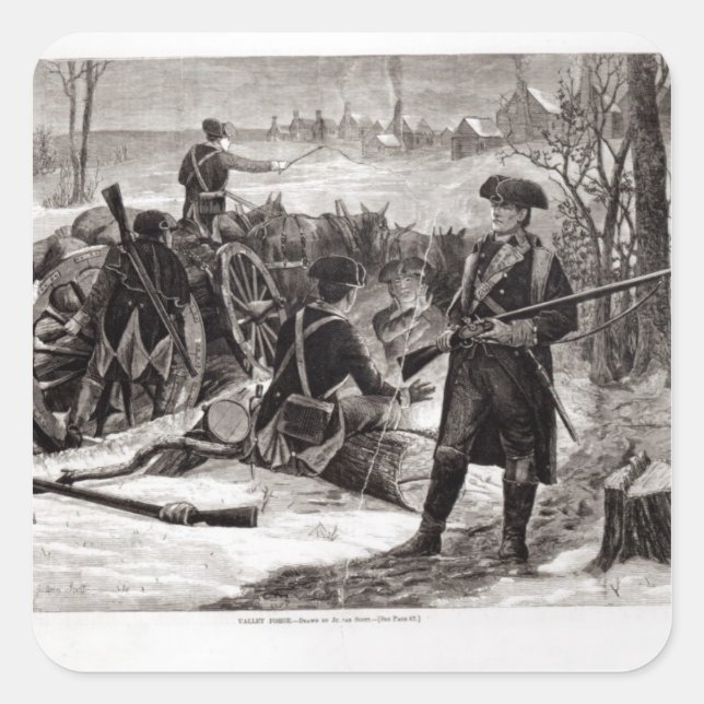 Winter Scene at the Continental Army Encampment Square Sticker (Front)
