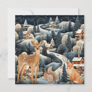 Winter Scene Christmas Woodland Animals Flat  Thank You Card