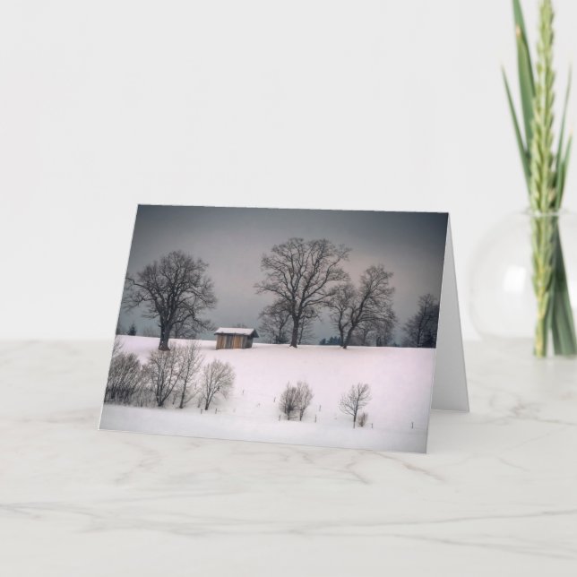 Winter scene, hill and trees, hut holiday card (Front)