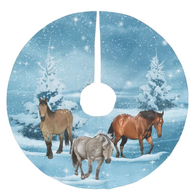 Winter Scene Horses Snow  And Trees Christmas Brushed Polyester Tree Skirt (Front)