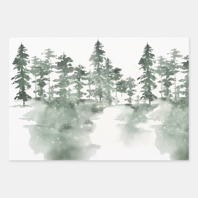 Winter Scene of Snowy Green and Grey Pines Wrapping Paper Sheet (Front)