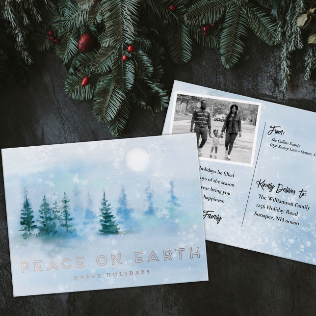 Winter Scene Peace on Earth Holiday Photo Foil Foil Invitation Postcard (Creator Uploaded)