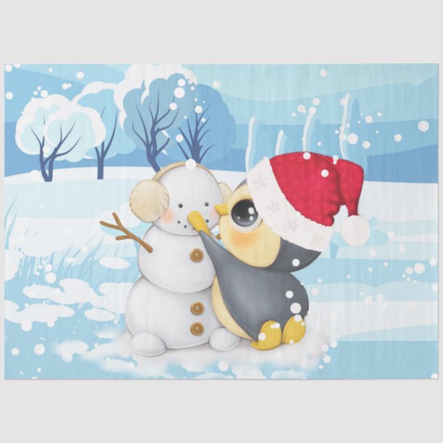 Winter Scene Penguin And Snowman Tissue Paper (Front)