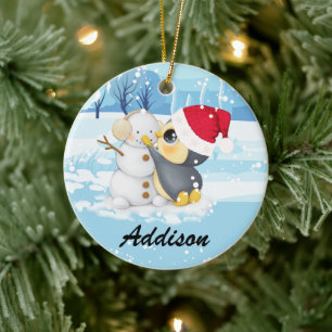 Winter Scene Penguin And Snowman With Name Ceramic Tree Decoration