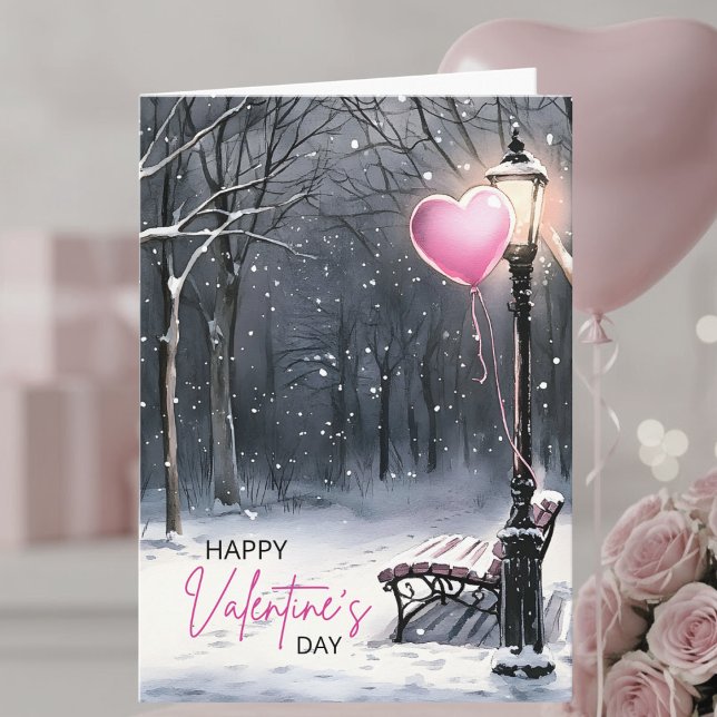 Winter Scene Pink Heart Balloon Valentine's Day Card (Creator Uploaded)
