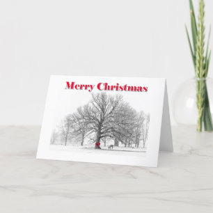 Winter Scene Red Bow Christmas Card (Folded)