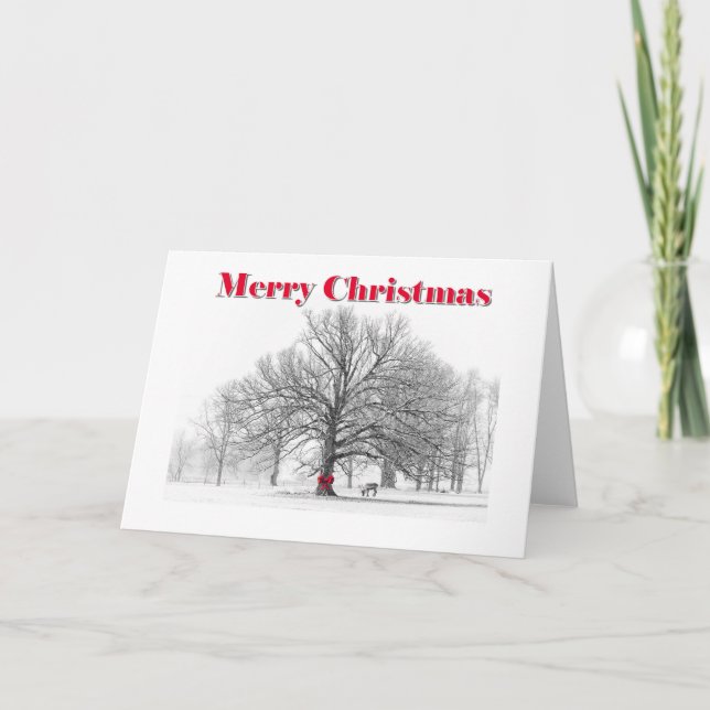 Winter Scene Red Bow Christmas Card (Folded) (Front)