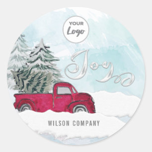 Winter scene red truck joy custom logo classic round sticker