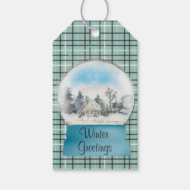 Winter Scene Snow Globe on Plaid Gift Tag (Front)