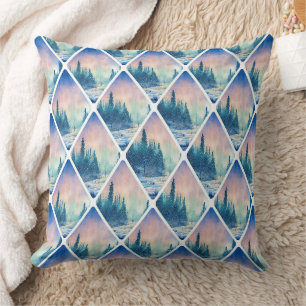 Winter Scene Tiled Pine Trees Forest Pink Sky Cushion