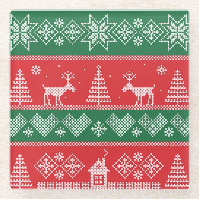 Winter scene: vintage seamless pattern glass coaster (Front)
