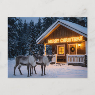 Winter scene with a glowing merry christmas sign postcard