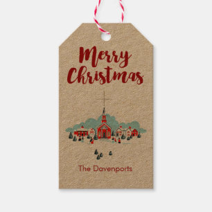 Winter Scene with a Red Church and Christmas Star Gift Tags