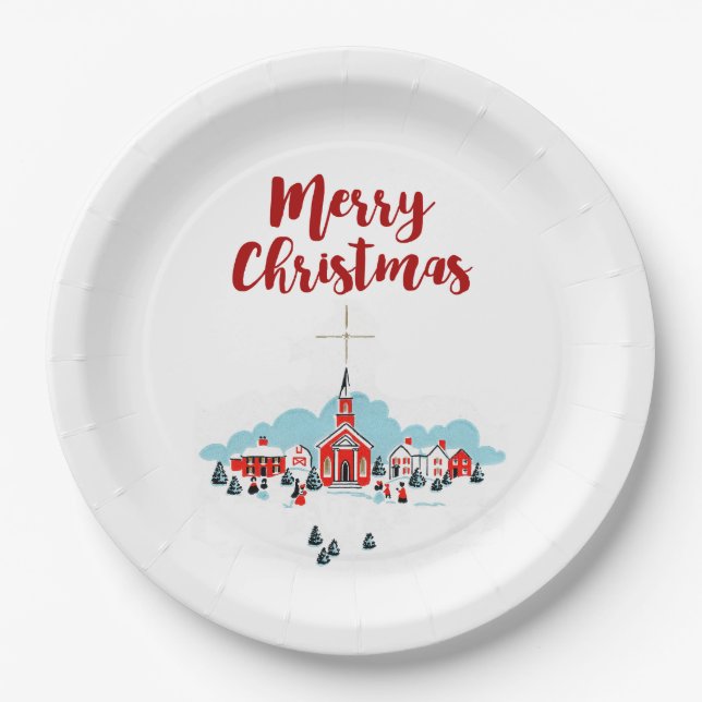 Winter Scene with a Red Church and Christmas Star Paper Plate (Front)
