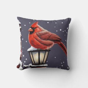 Winter Scene With Cardinal Bird Holiday Christmas Cushion