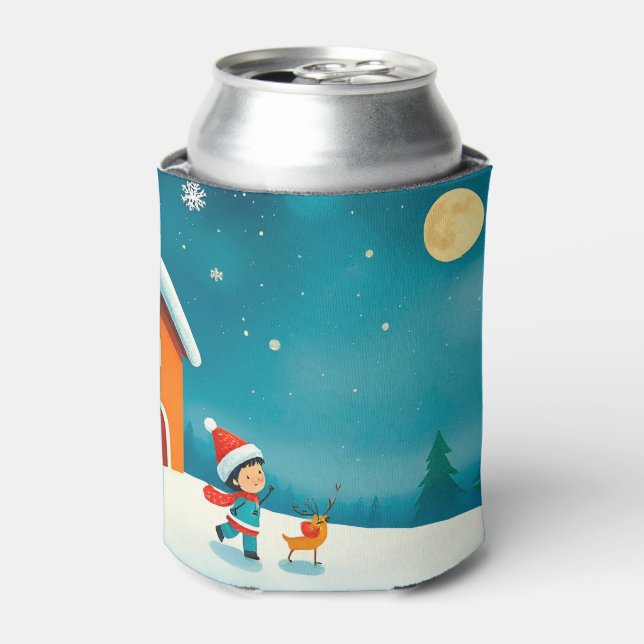 Winter Scene with Child, Reindeer, Christmas Tree Can Cooler (Can Front)