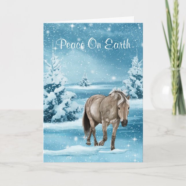 Winter Scene  With Horse Snow And Trees Holiday Card (Front)