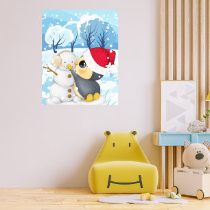 Winter Scene With Penguin And Snowman Poster