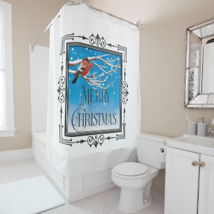 Winter Scene with Robin, Merry Christmas Art Deco Shower Curtain