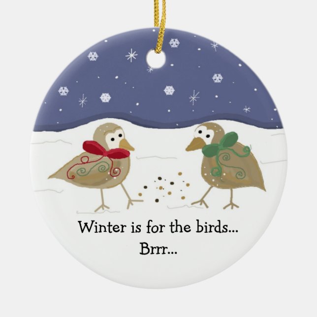 Winter Scene with Two Little Birds Ceramic Tree Decoration (Front)
