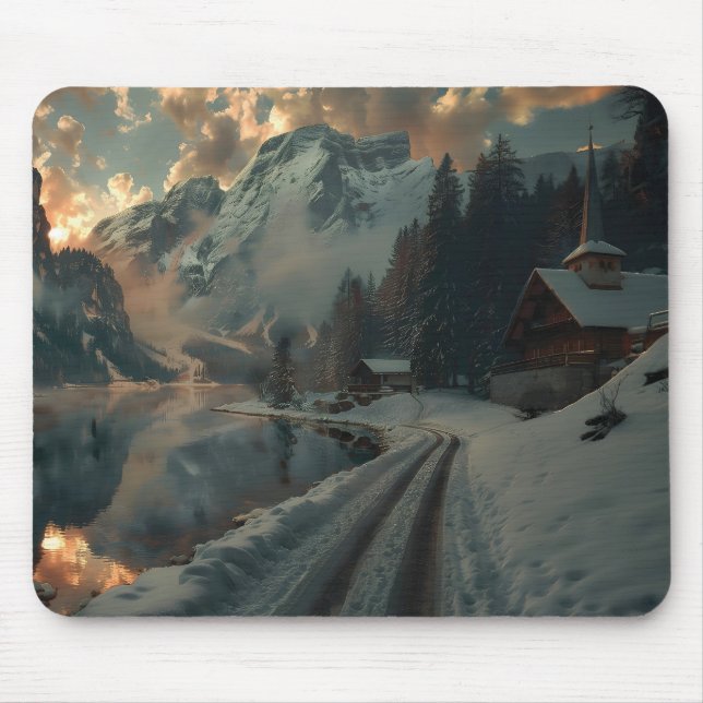 Winter scene with wooden buildings mouse pad (Front)