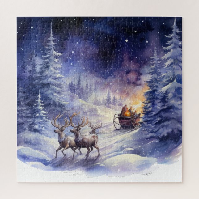 Winter Scenery Christmas Reindeer and Sleigh Jigsaw Puzzle (Vertical)