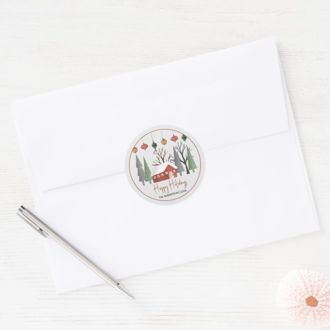 Winter scenery, Happy Holidays and snowfall Classic Round Sticker (Envelope)