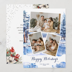 Winter Scenery Poinsettia Holly Berries Blue Photo Holiday Card