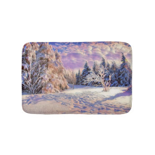 Winter scenery with snowed trees watercolor bath mat
