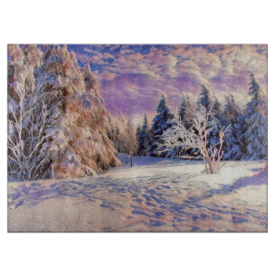 Winter scenery with snowed trees watercolor cutting board