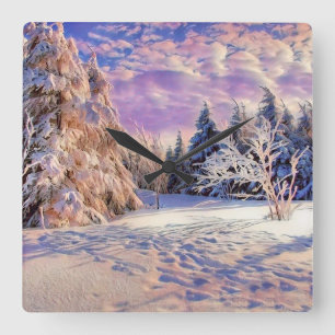 Winter scenery with snowed trees watercolor square wall clock