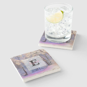 Winter scenery with snowed trees watercolor stone coaster
