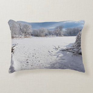 winter scenic along pond and forests of salem hill decorative cushion