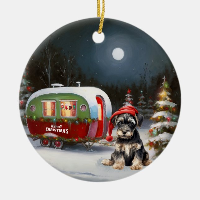 Winter Schnauzer Caravan Christmas Adventure Ceramic Tree Decoration (Front)