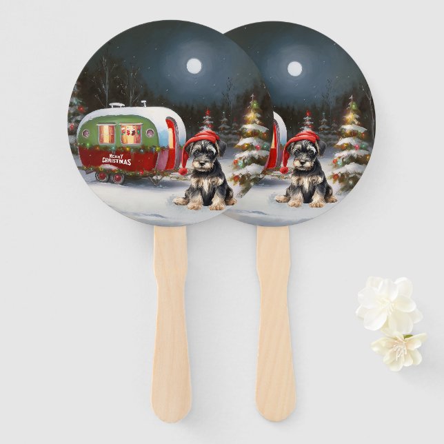Winter Schnauzer Caravan Christmas Adventure Hand Fan (Front and Back)
