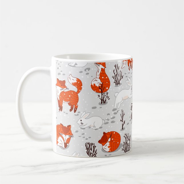 Winter seamless pattern with cute foxes and bunny. coffee mug (Left)